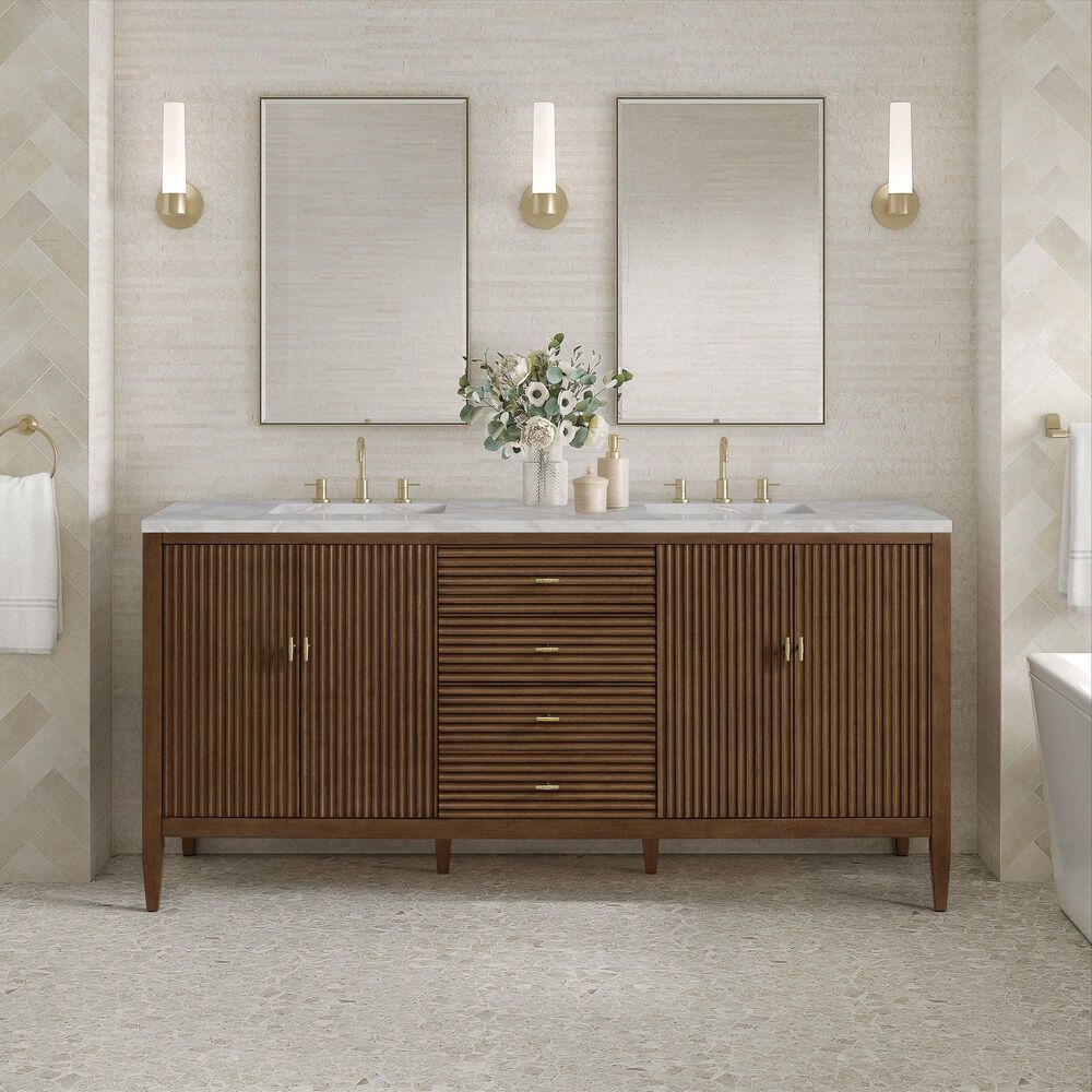 James Martin Vanities Myrrin 72" Double Bathroom Vanity in Mid-Century Walnut with 3 cm Eternal Jasmine Pearl Silestone Top, Rectangular Sinks and FreePower Wireless Charger, , large