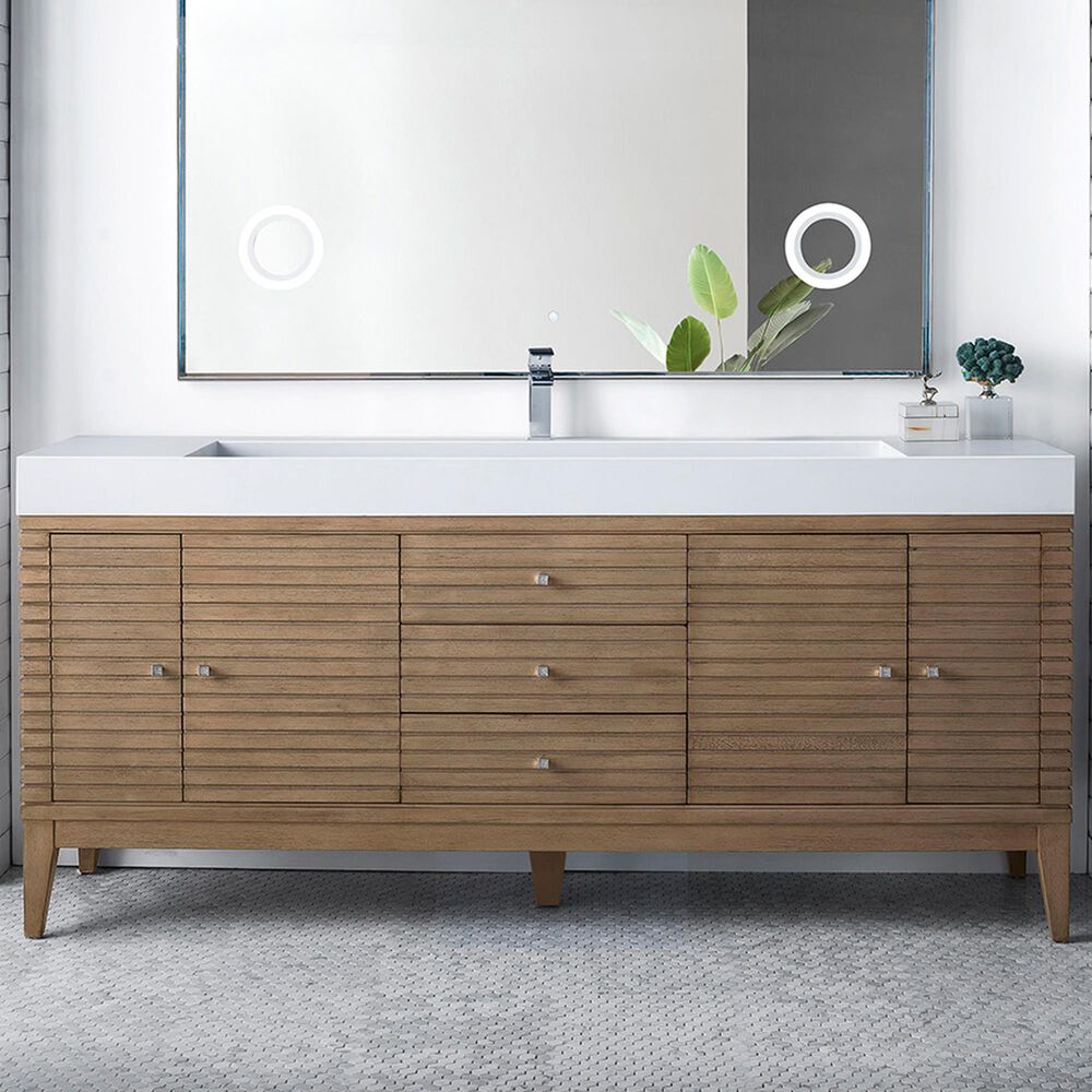 James Martin Vanities Linear 72&quot; Single Bathroom Vanity in Whitewashed Walnut with 10 cm Glossy White Solid Surface Top and Rectangular Sink, , large