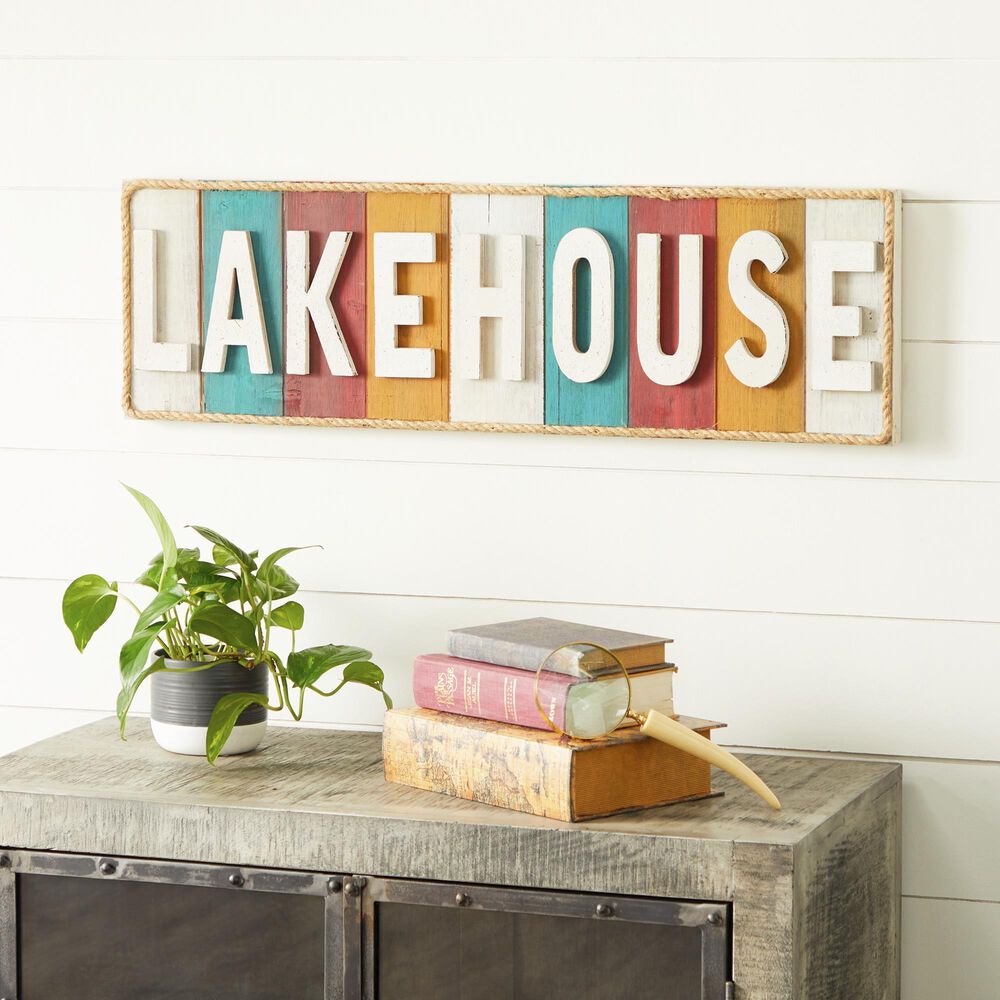 Maple and Jade Lakehouse 11&quot; x 36&quot; Wall Sign in White, Turquoise, Red and Gold, , large