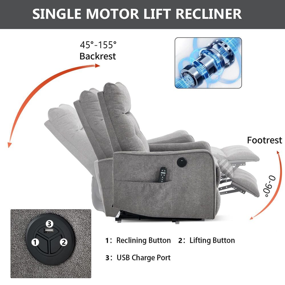 Hearth and Haven Power Lift Recliner in Light Gray, , large