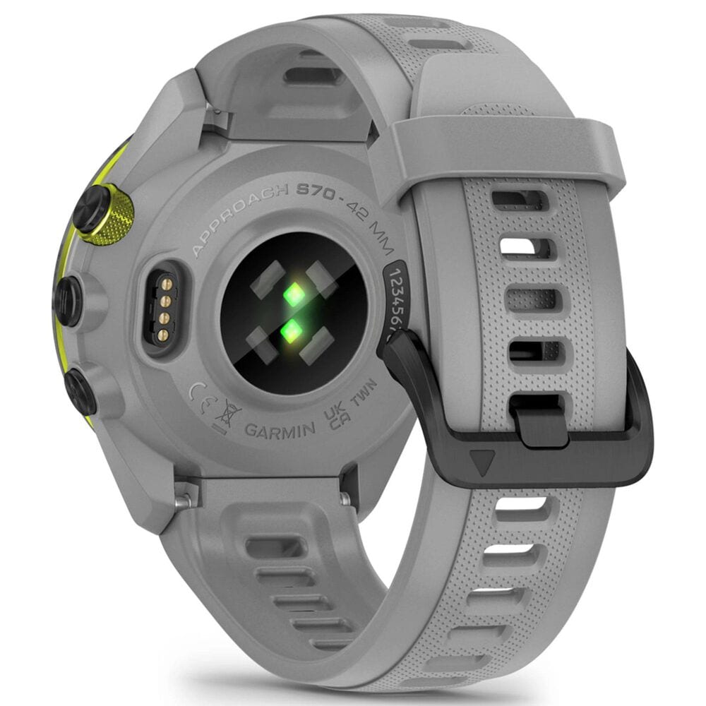 Garmin Approach S70 Smartwatch 41mm Black and Amp Yellow Ceramic Bezel Case with Powder Gray Silicone Band, , large