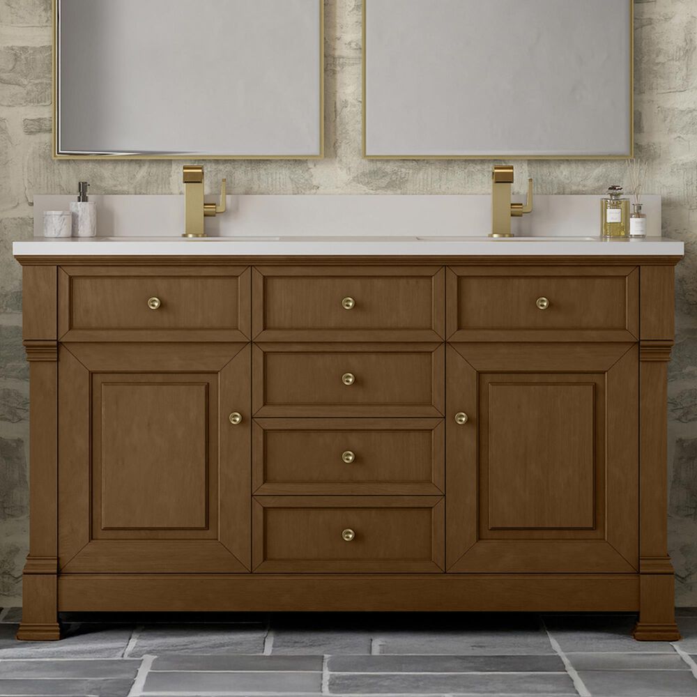 James Martin Vanities Brookfield 60&quot; Double Bathroom Vanity in Honey Oak with Single Hole 3 cm White Zeus Quartz Top and Rectangular Sinks, , large