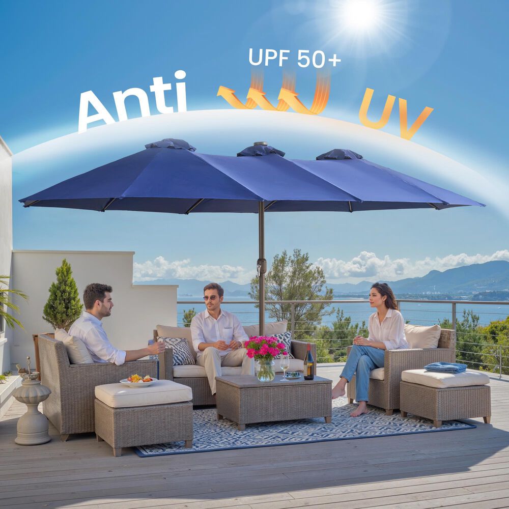 HOMLUX 15' Double-Sided Outdoor Market Umbrella with Sandbag Base and White LED Beads in Royal Blue, , large