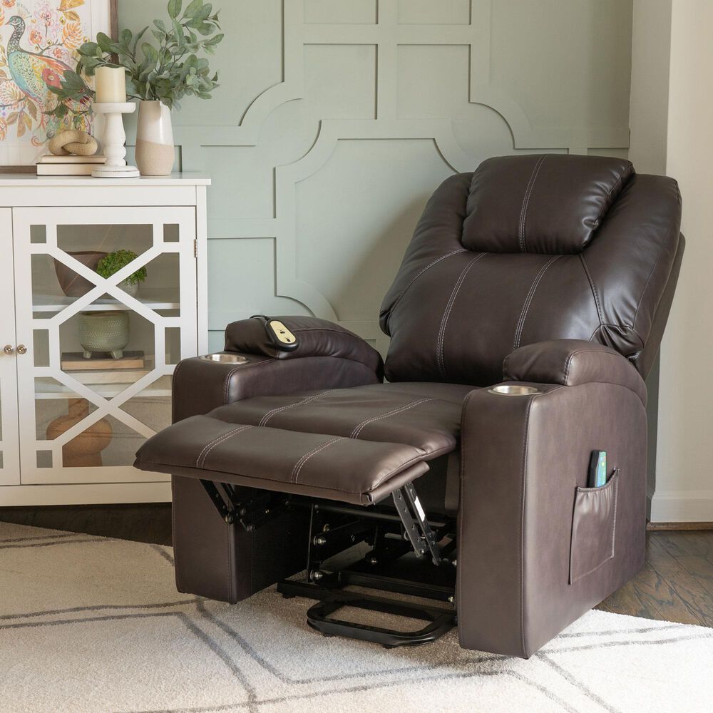 Linon Home Decor Peoria Power Lift Recliner in Chocolate, , large