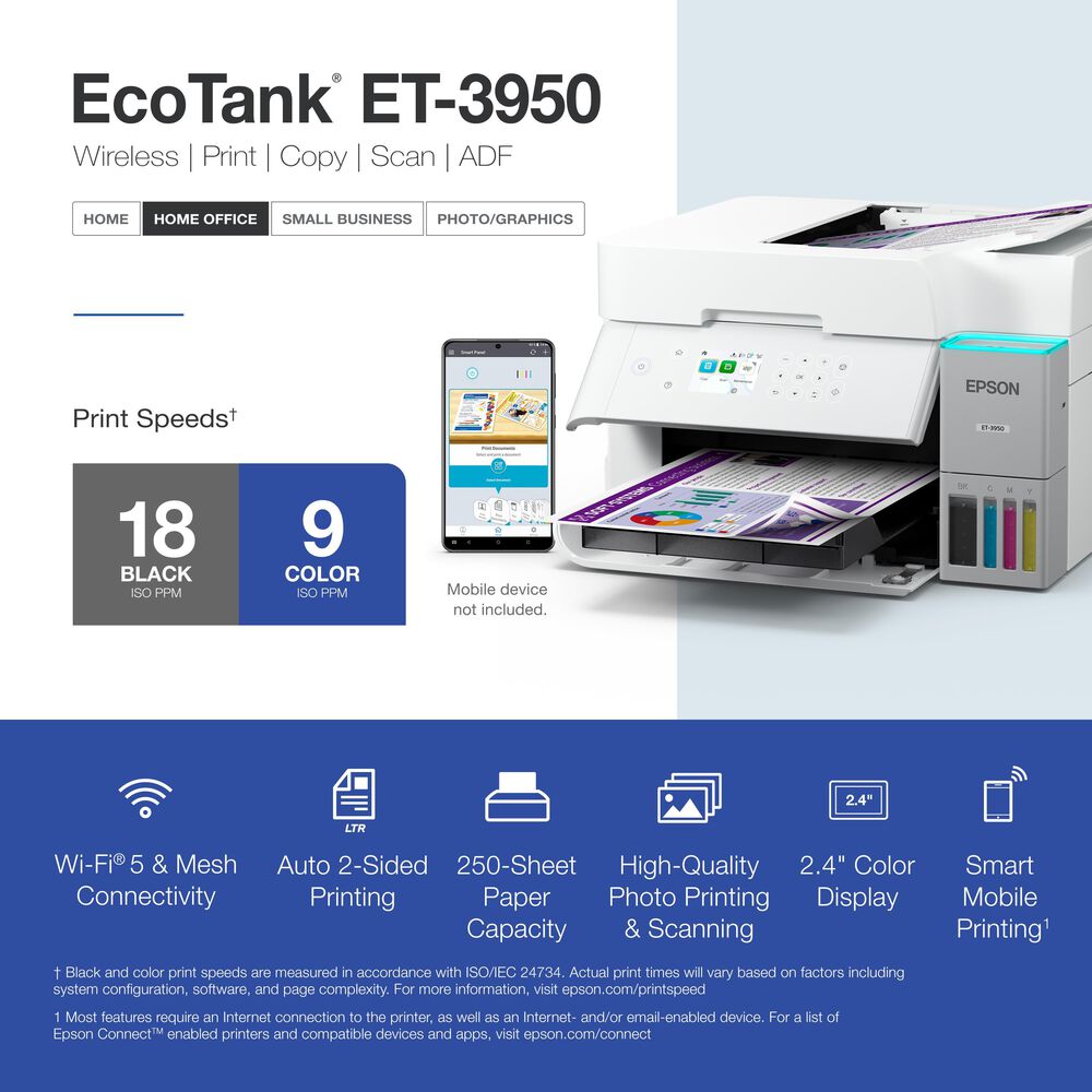 Epson EcoTank ET-3950 Wireless All-in-One Color Supertank Printer  White, , large