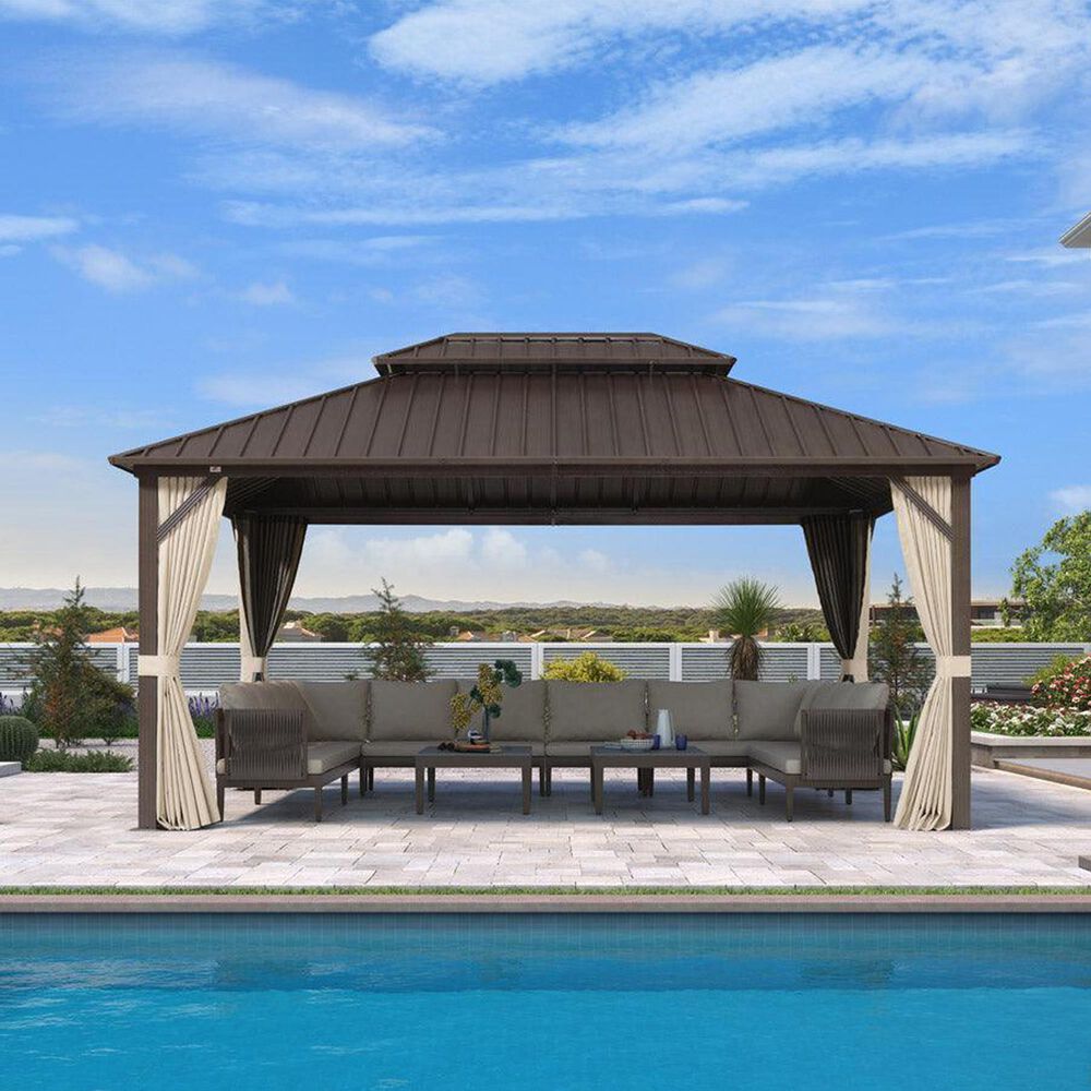 HOMLUX 12' x 16' Outdoor Hardtop Gazebo with Galvanized Steel Roof, Aluminum Frame, Curtains &amp; Netting in Brown, , large