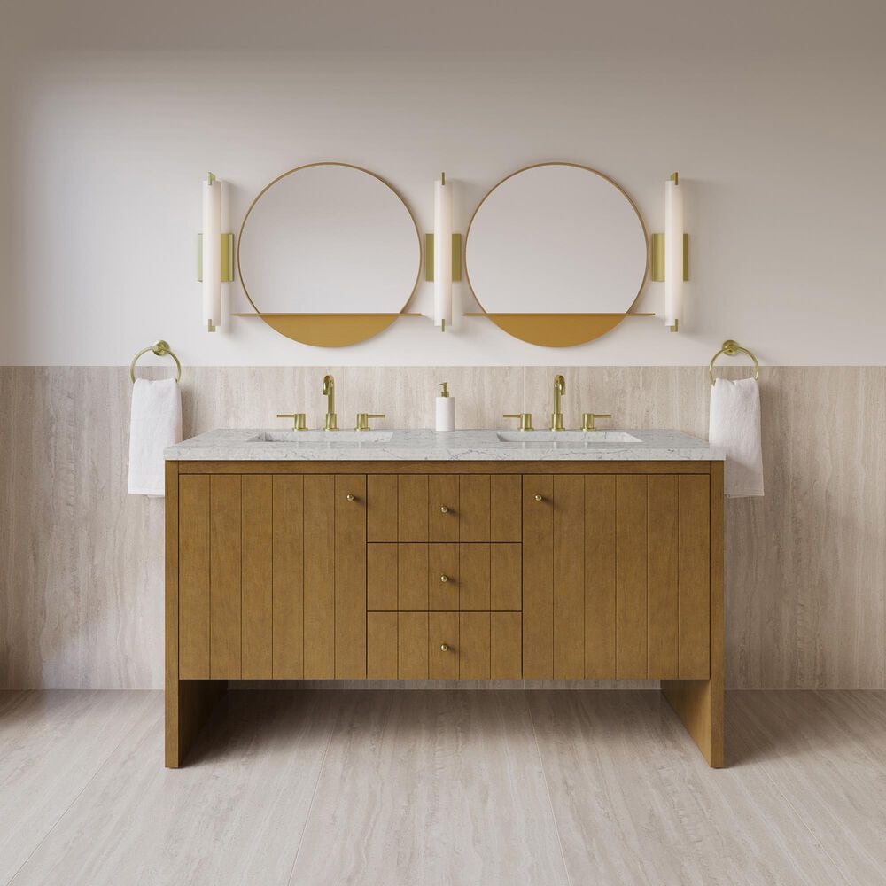 James Martin Hudson 60" Double Bathroom Vanity in Honey Oak with 3 cm Eternal Jasmine Pearl Silestone Top, Rectangular Sinks and FreePower Wireless Charger, , large