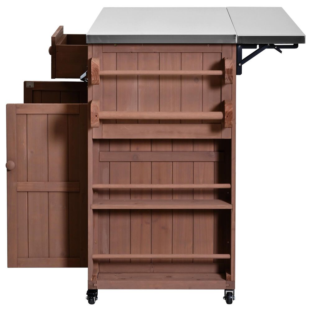 Hearth and Haven Outdoor Kitchen Island Cart with Extendable Stainless Steel Top and Adjustable Shelf in Brown, , large
