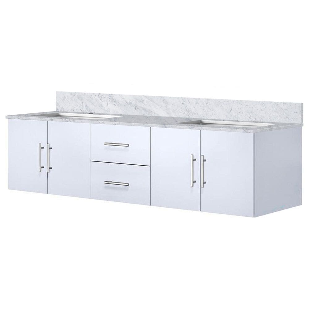 Lexora Home Geneva 72" Double Bathroom Vanity in Glossy White with 2 cm White Carrara Marble Top and Rectangular Sinks, , large