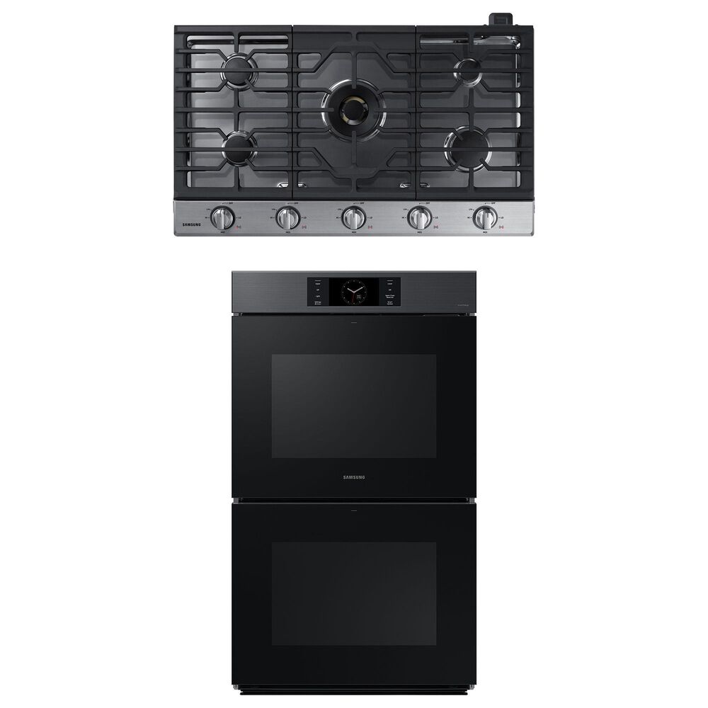 Samsung 2-Piece Kitchen Package with 30" Matte Black Steel Double Wall Oven and 36" Stainless Steel Smart Gas Cooktop, , large