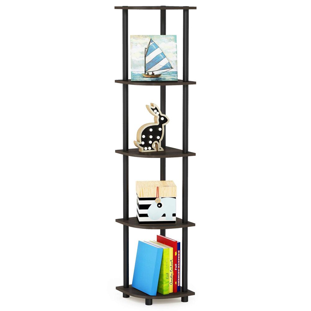 HOMLUX 5-Tier Modern Tall Corner Open Bookshelf in Dark Brown and Black, , large