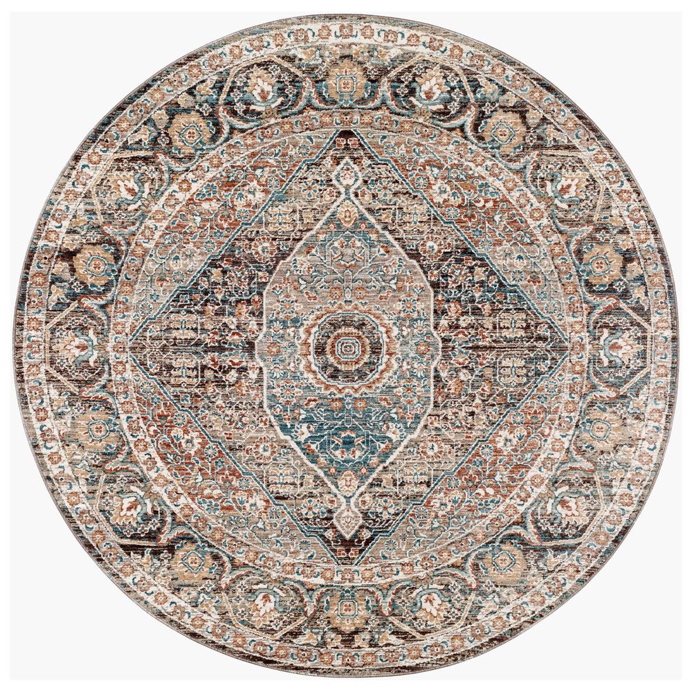 Surya Carlisle Oriental 5&#39;3&quot; Round Dusty Pink, Sage, Denim, Medium Brown and Dark Brown Area Rug, , large