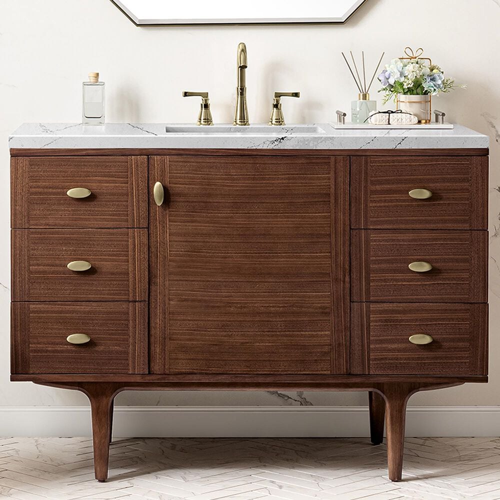 James Martin Vanities Amberly 48&quot; Single Bathroom Vanity in Walnut with 3 cm Ethereal Noctis Quartz Top and Rectangular Sink, , large