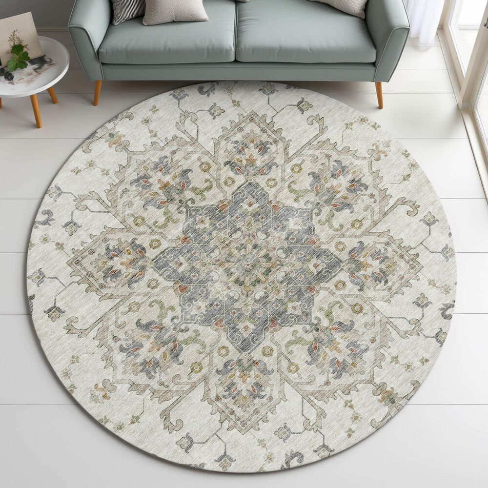 Dalyn Rug Company Silk Road Ivory, Beige, Taupe, Gold, Gray and Copper 8&#39; Round Area Rug, , large
