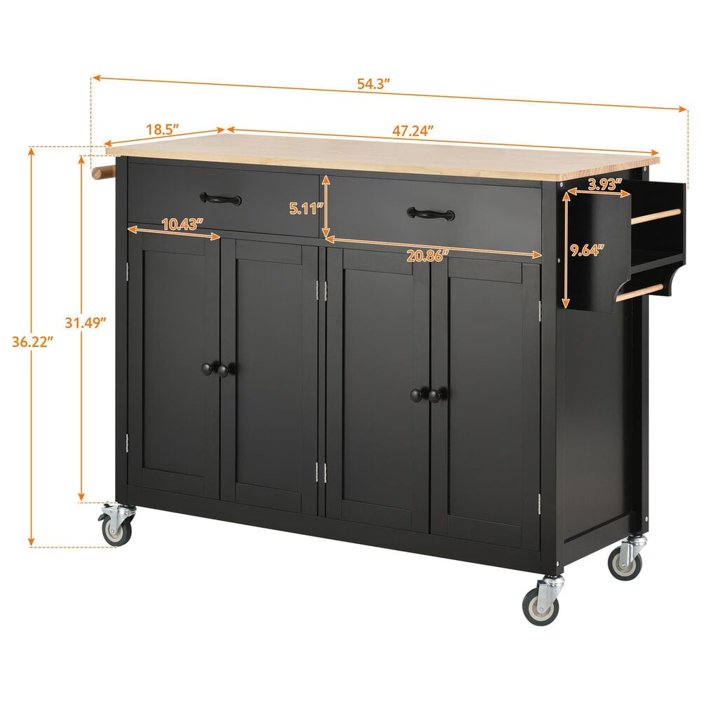 HOMLUX 54" Kitchen Island Cart with Solid Wood Top and Locking Wheels in Black, , large