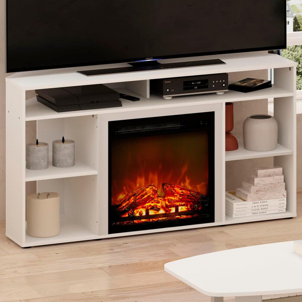 HOMLUX 47" Corner TV Stand with Electric Fireplace in White, , large