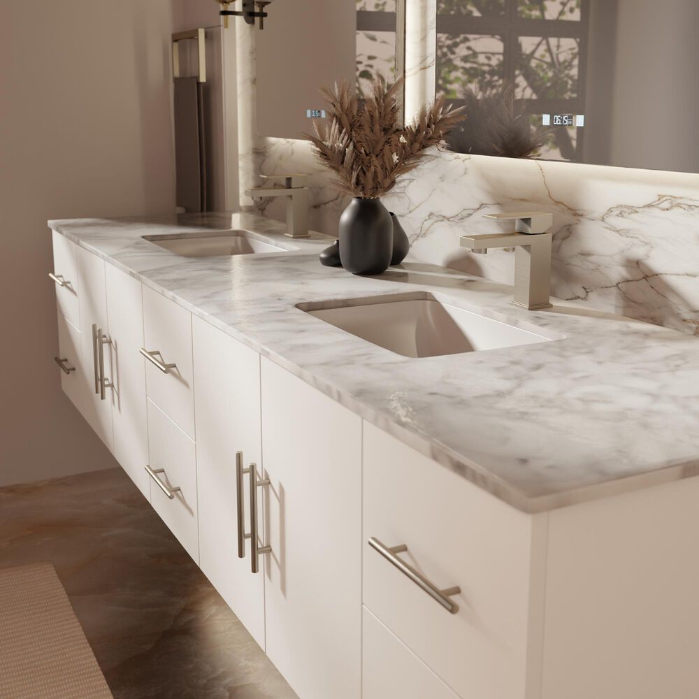 Lexora Home Geneva 84" Double Bathroom Vanity in Glossy White with 2 cm White Carrara Marble Top and Rectangular Sinks, , large