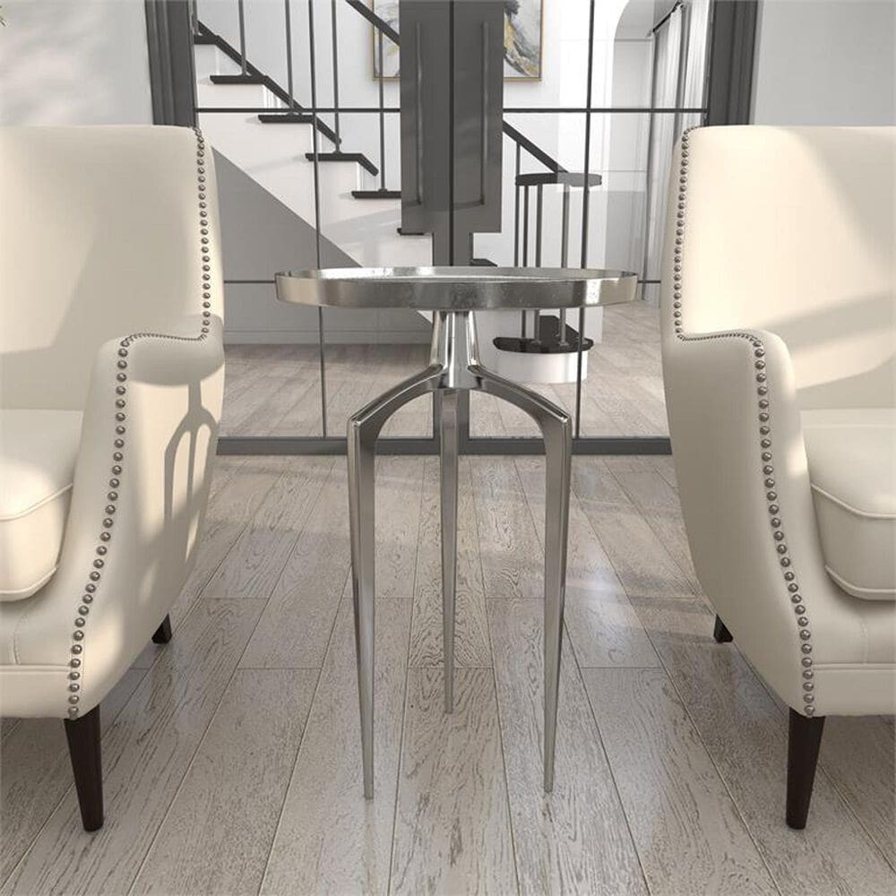 Maple and Jade 25&quot; Round End Table with 3 Tripod Legs in Polished Silver, , large