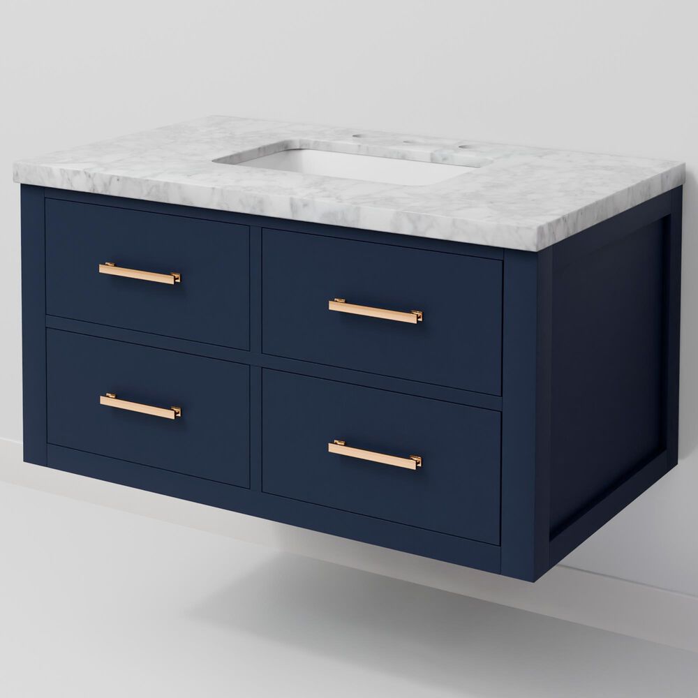 Lexora Home Castor 36" Single Bathroom Vanity in Blue with 2 cm White Carrara Marble Top and Rectangular Sink, , large