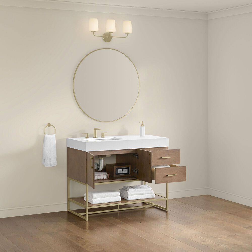 37B Mauri 42" Single Bathroom Vanity with Metal Base in Walnut Drift with High-Profile 4" White Composite Stone Top, , large