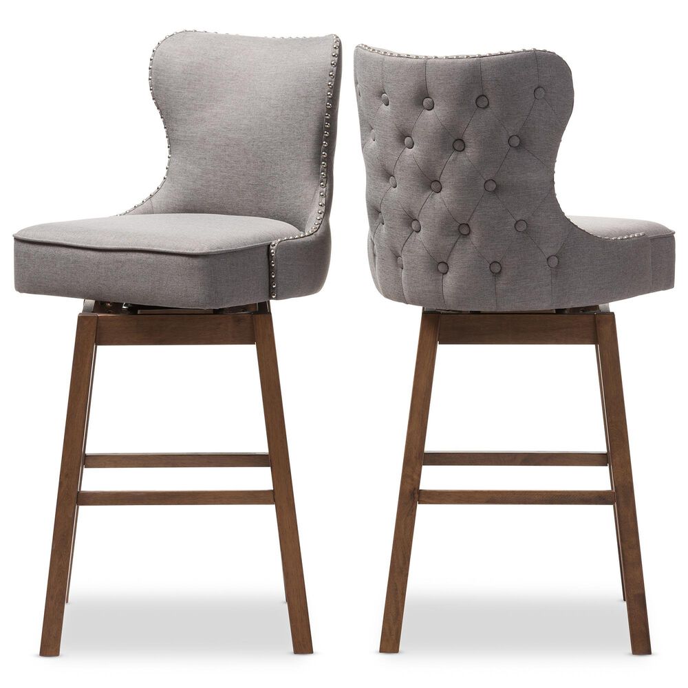 Baxton Studio Gradisca Swivel Bar Stool with Grey Cushion in Dark Walnut (Set of 2), , large