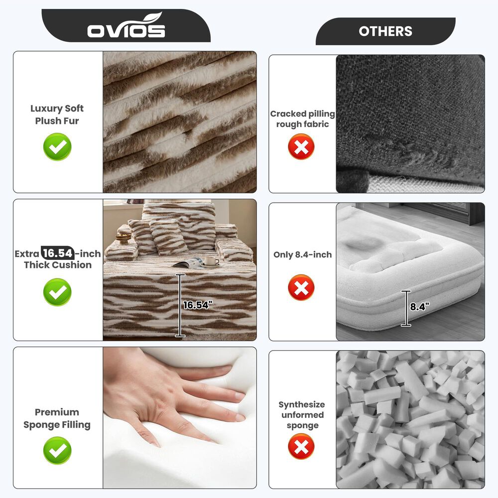 HOMLUX Cloud Faux Fur Chaise Lounge with Plush Pillows in Brown Zebra, , large