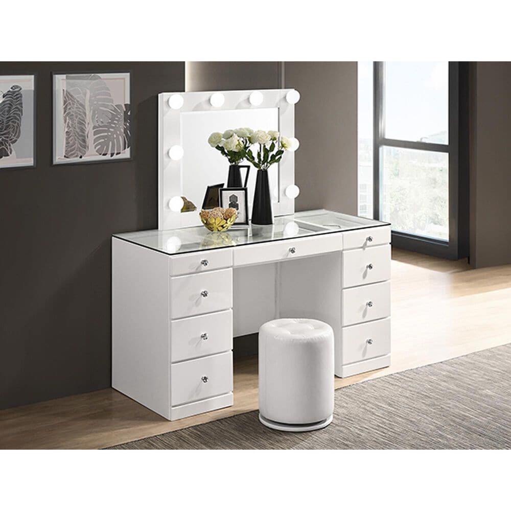Crown Mark Avery Vanity Set with Stool in White, , large