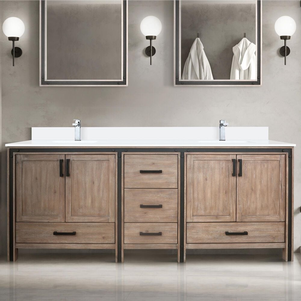Lexora Home Ziva 80&quot; Double Bathroom Vanity in Rustic Barnwood with 2 cm White Cultured Marble Top and Rectangular Sinks, , large