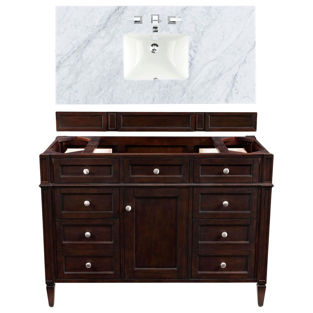 James Martin Vanities Brittany 48" Single Bathroom Vanity in Burnished Mahogany with 3 cm Carrara White Marble Top and Rectangle Sink, , large