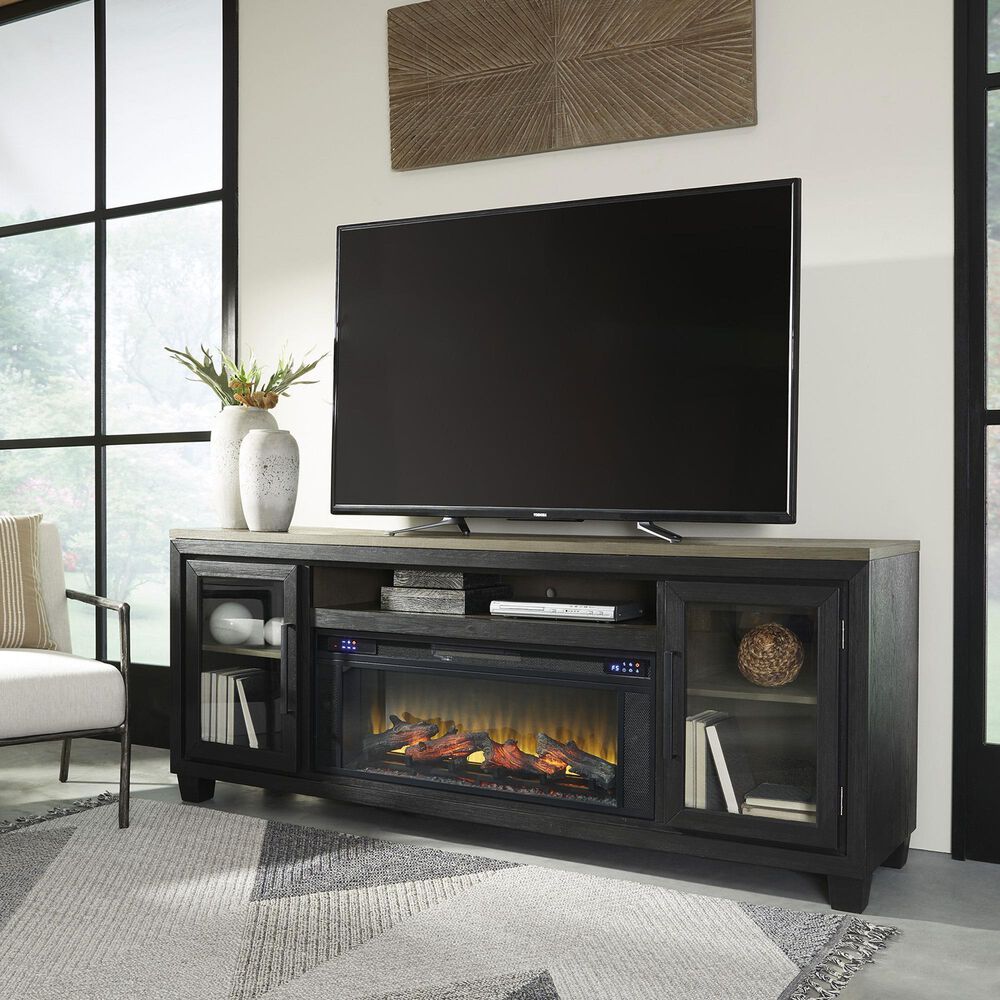Ashley Foyland 83&quot; TV Stand with Electric Fireplace in Black and Brown, , large