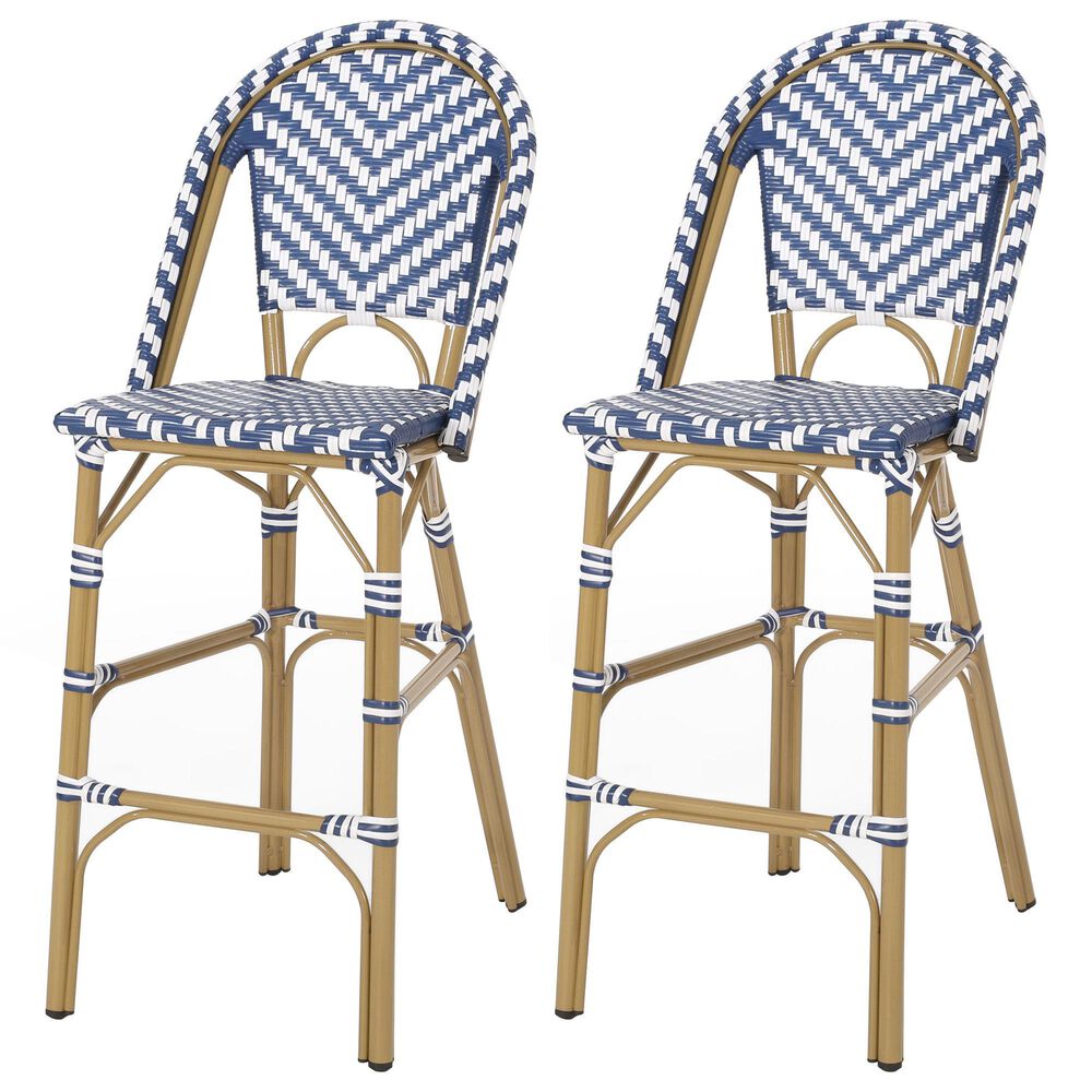 Hearth and Haven Outdoor Wicker French Barstool with Brown Aluminum Frame in Navy Blue (Set of 2), , large