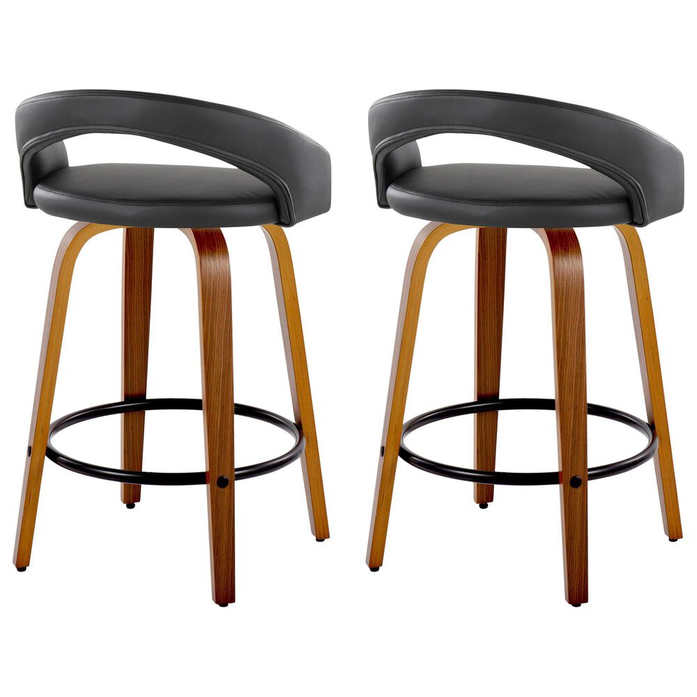 LumiSource Grotto 26" Swivel Counter Stool with Black Faux Leather Upholstery in Walnut and Black (Set of 2), , large