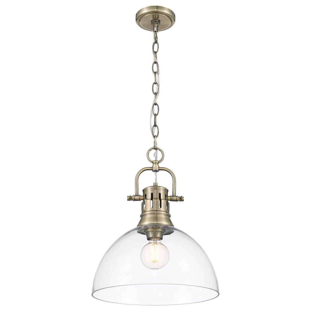 Golden Lighting Duncan 1-Light Pendant with Chain and Clear Glass Shade in Aged Brass, , large