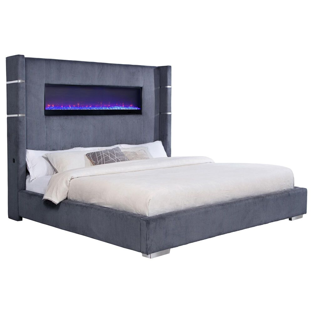 Coaster Tisdall Eastern King Upholstered Fireplace Bed in Grey, , large