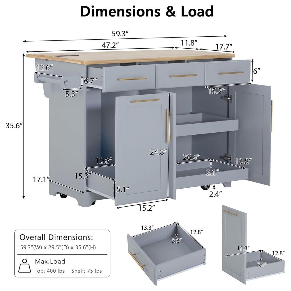 HOMLUX 59" Kitchen Island with 2 Pull Out Cabinet Organizers in Grey, , large
