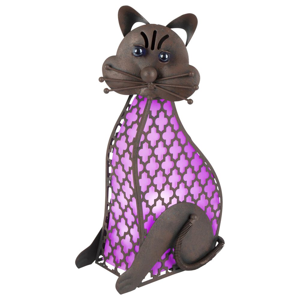 The Gerson Company 15.5" Solar Pink Lighted Garden Cat in Rustic Brown, , large