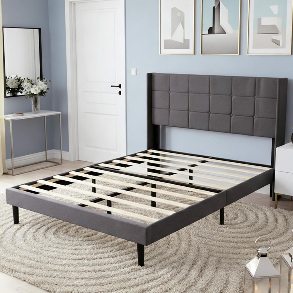 HOMLUX Full Upholstered Platform Bed Frame with Tufted Headboard in Dark Gray, , large