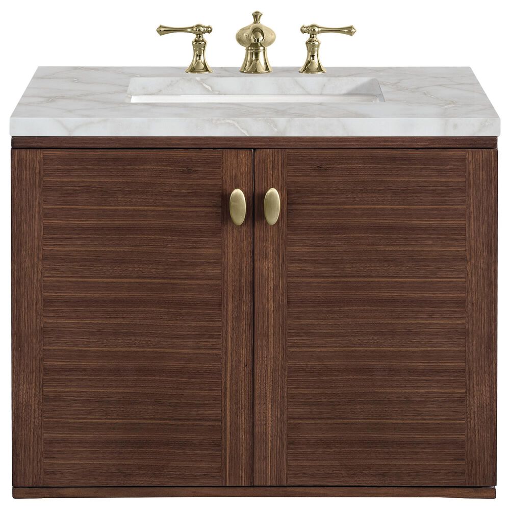 James Martin Vanities Amberly 30&quot; Single Bathroom Vanity in Mid-Century Walnut with 3 cm Victorian Silver Quartz Top and Rectangular Sink, , large