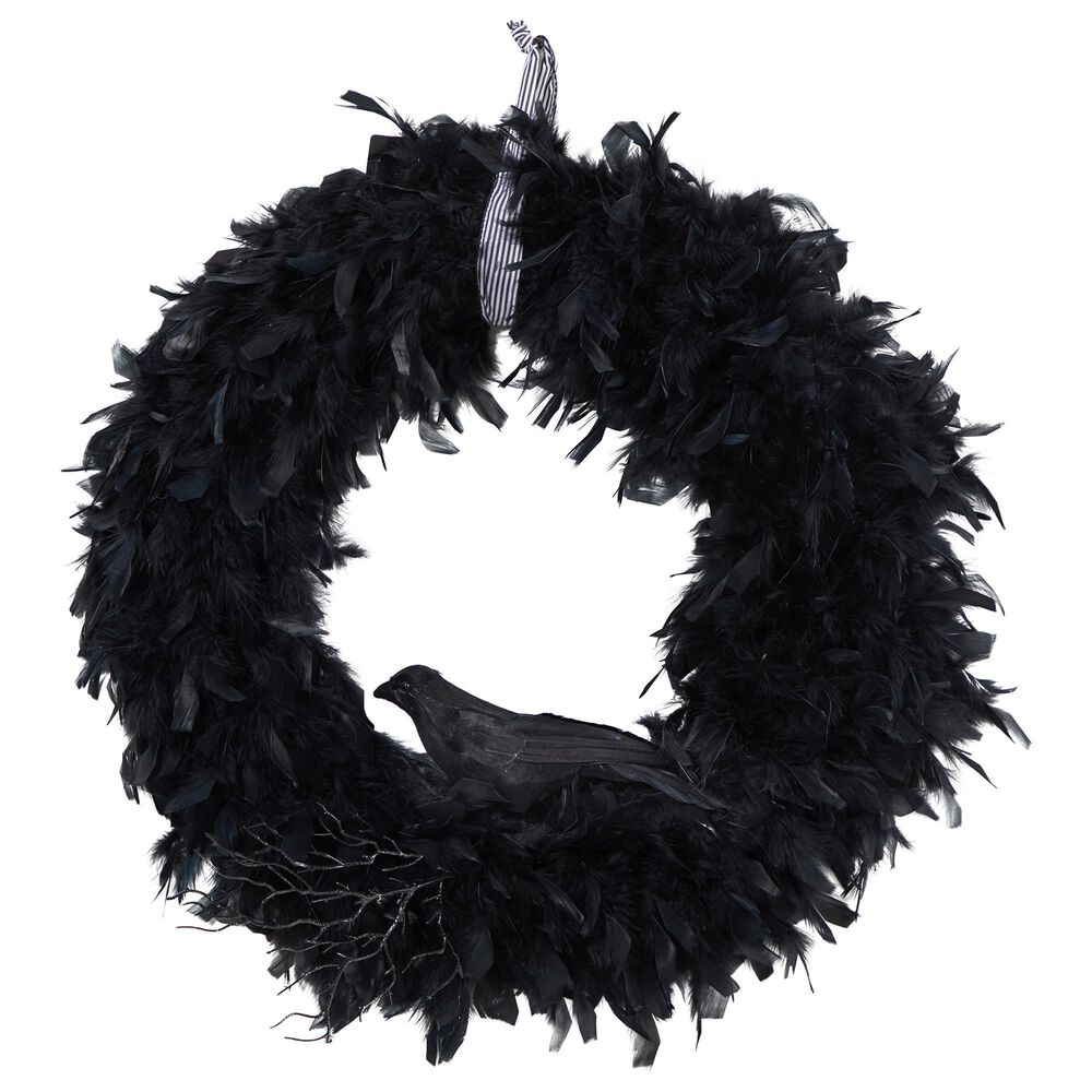 Nearly Natural Inc 30in. Halloween Raven Feather Wreath, , large