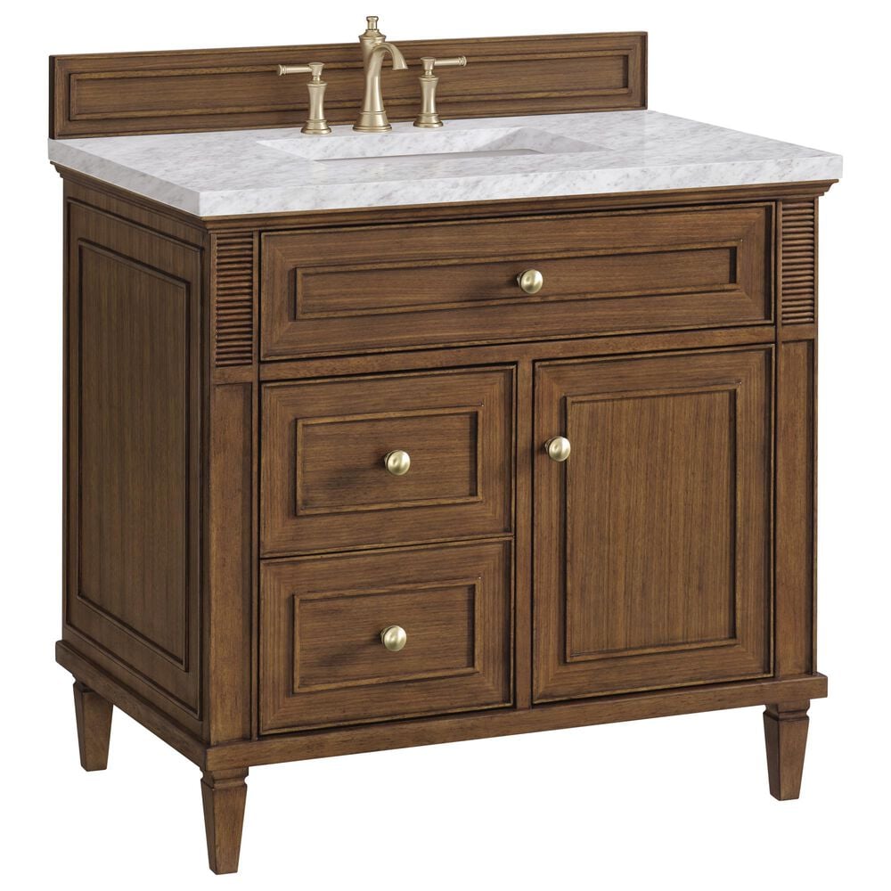 James Martin Vanities Lorelai 36" Single Vanity in Mid-Century Walnut with 3 cm Carrara White Marble Top, , large