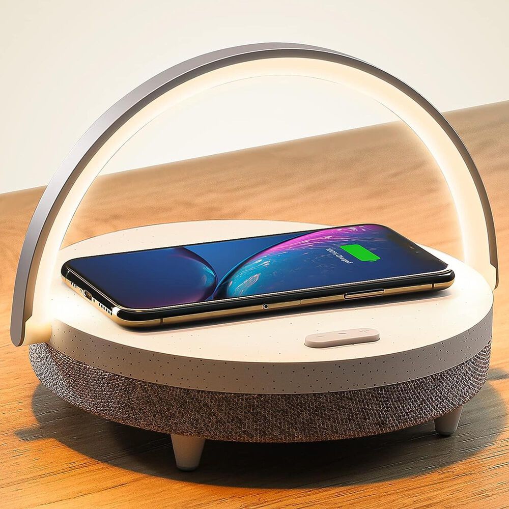 HOMLUX 4-in-1 LED Table Lamp with Portable Speaker and Wireless Charger in White and Gray, , large