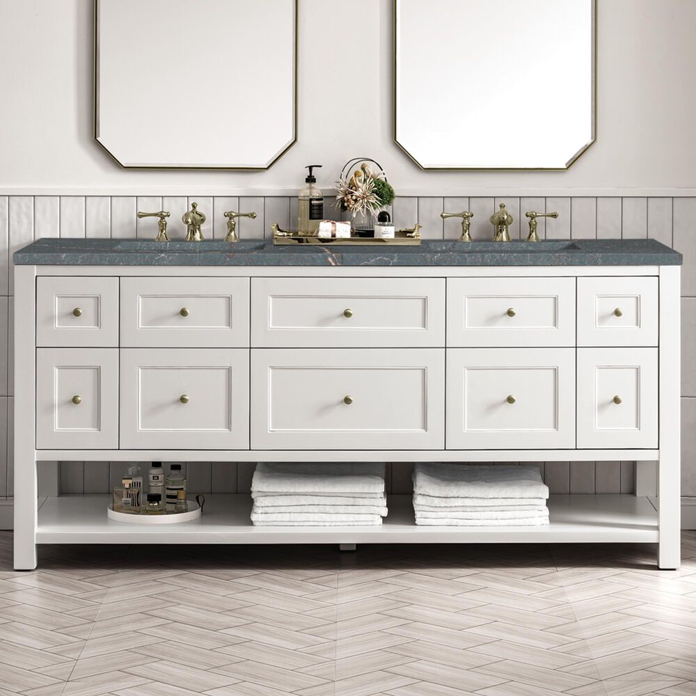 James Martin Vanities Breckenridge 72&quot; Double Bathroom Vanity in Bright White with 3 cm Parisien Bleu Quartz Top and Rectangular Sinks, , large
