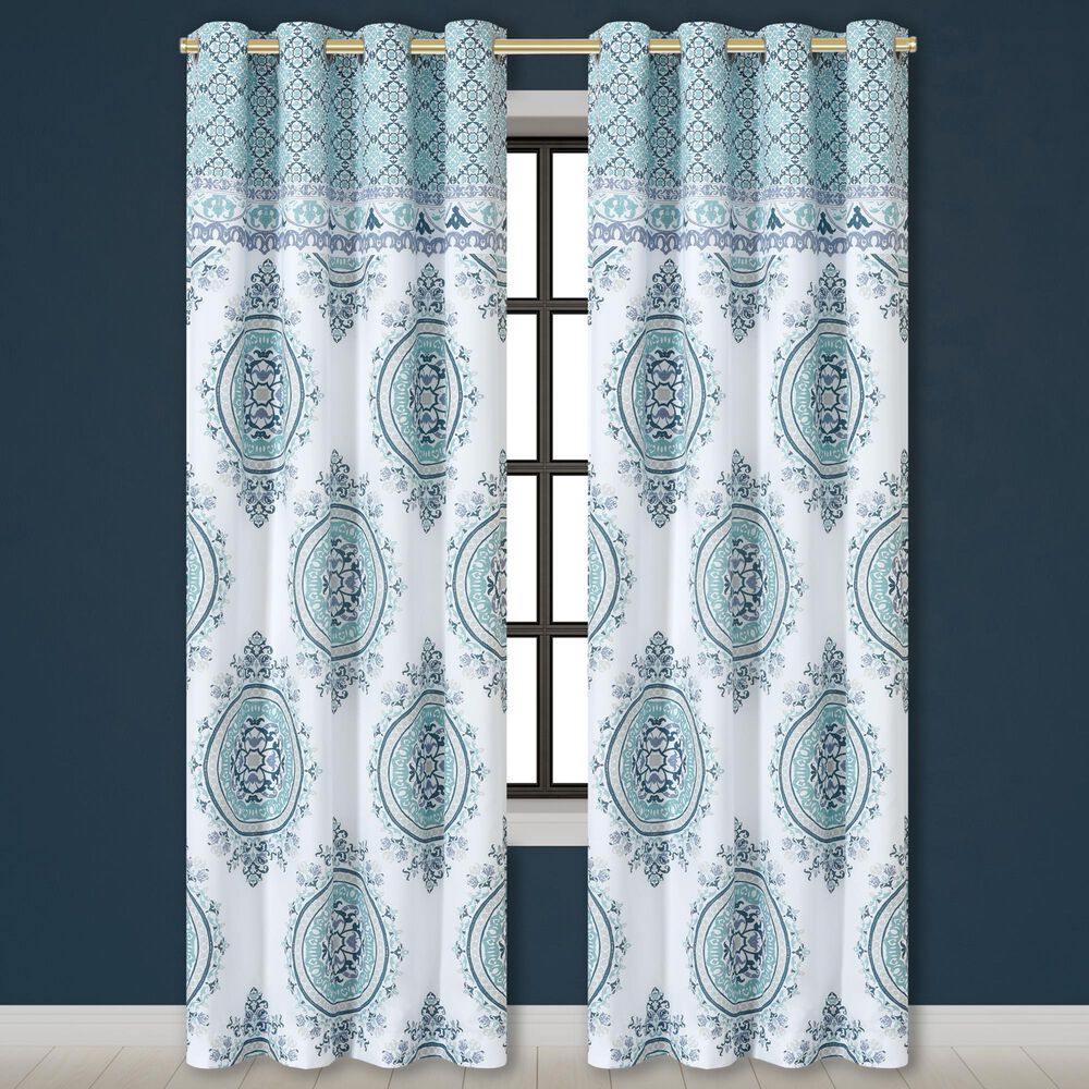 J. Queen New York Afton 84&quot; x 41&quot; Grommet Window Panel Pair in Blue and White, , large
