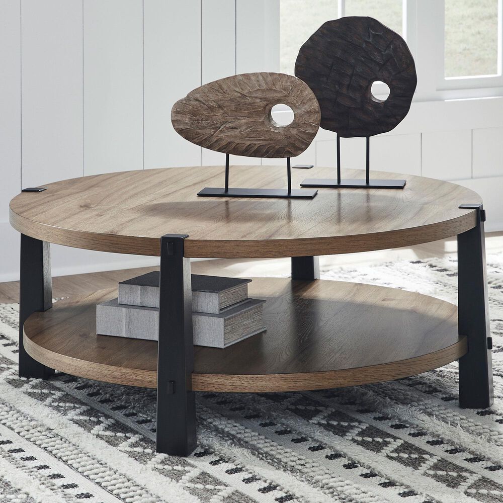 Ashley Ridgester Round Coffee Table in Light Brown and Matte Black, , large