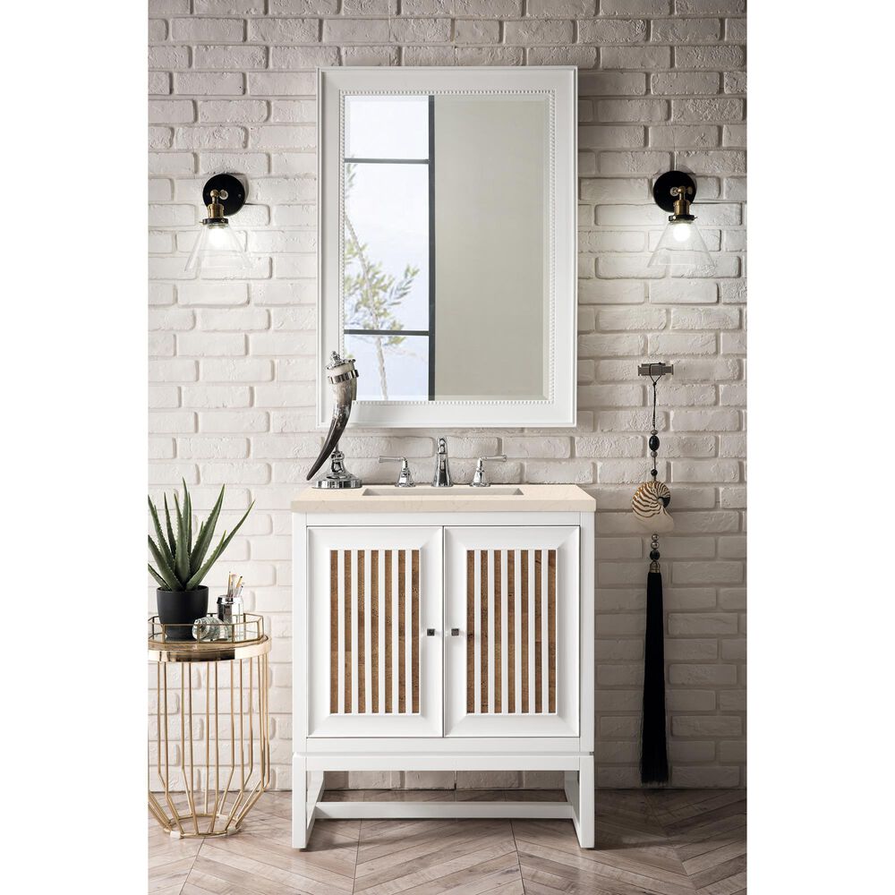 James Martin Vanities Athens 30&quot; Single Bathroom Vanity in Glossy White with 3 cm Carrara White Marble Top and Rectangular Sink, , large