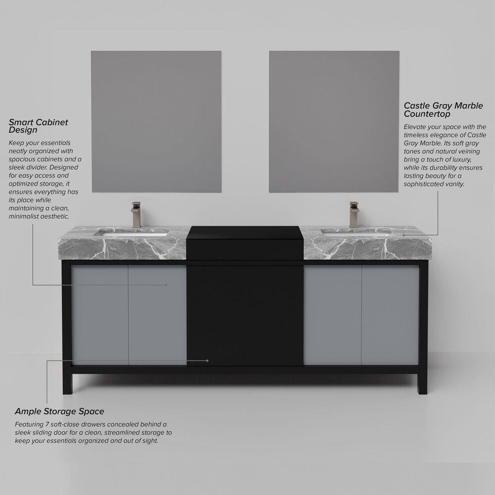 Lexora Home Zilara 80" Double Bathroom Vanity in Black and Grey with 11 cm Castle Grey Marble Top and Rectangular Sinks, , large