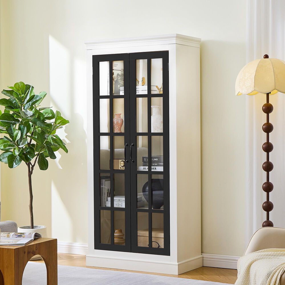 Hearth and Haven 71.2'' Freestanding Glass Door Pantry with Adjustable Shelves in White and Black, , large