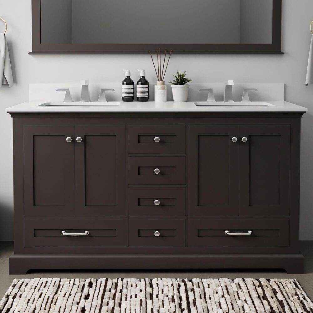 Lexora Home Dukes 60" Double Bathroom Vanity in Espresso with 2 cm White Quartz Top and Rectangular Sinks, , large