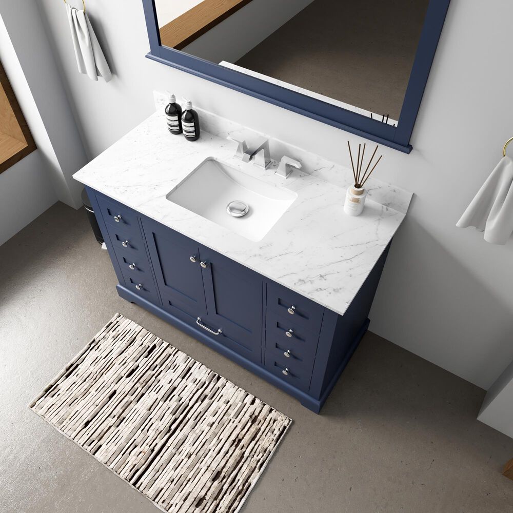 Lexora Home Dukes 48" Single Bathroom Vanity in Navy Blue with 2 cm White Carrara Marble Top and Rectangular Sink, , large