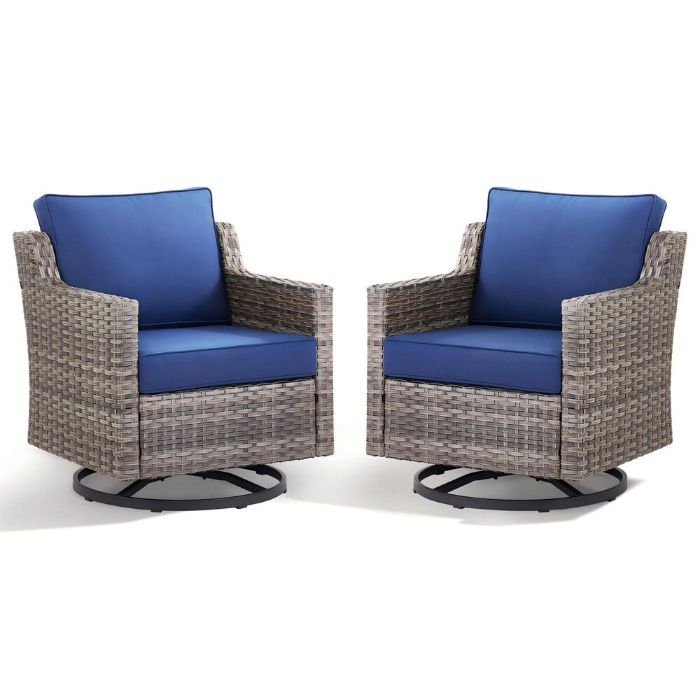 Sunwell Garden Patio Swivel Glider Chair with Gray Frame and Wicker Armrests in Navy (Set of 2), , large